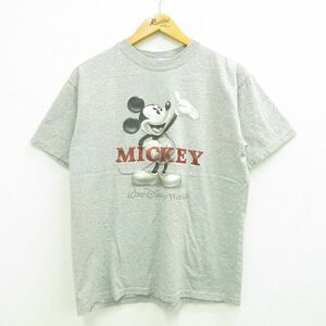 L/古着 半袖 ビンテージ Tシャツ メンズ 00s ディズニー ミッキー クルーネック グレー 霜降り 23jul12 中古