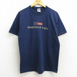 L/古着 半袖 ビンテージ Tシャツ メンズ 00s 星条旗 ナッシュビル 刺繍 コットン クルーネック 紺 ネイビー 23apr12 中古