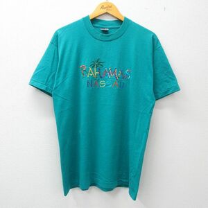 L/古着 半袖 ビンテージ Tシャツ メンズ 90s バハマ ヤシの木 刺繍 クルーネック 青緑 23jun29 中古