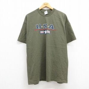 XL/古着 半袖 ビンテージ Tシャツ メンズ 00s USAロゴ コットン クルーネック 濃緑 グリーン 23jun23 中古