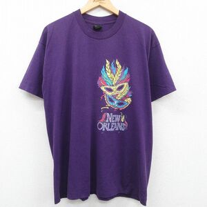 XL/古着 半袖 ビンテージ Tシャツ メンズ 90s ニューオーリンズ 仮面 クルーネック 紫 パープル 23apr24 中古