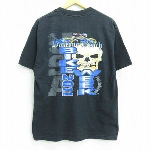 L/古着 半袖 Tシャツ メンズ スカル バイク デイトナビーチ クルーネック 黒 ブラック 22jul01 中古