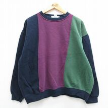 XL/古着 IZOD 長袖 スウェット メンズ 90s マルチカラー クレイジーパターン 大きいサイズ クルーネック 紺他 ネイビー 23sep12 中古_画像1