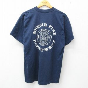 XL/古着 半袖 ビンテージ Tシャツ メンズ 80s 消防署 インディアナ クルーネック 紺 ネイビー 23jun28 中古