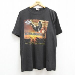 XL/古着 半袖 ビンテージ Tシャツ メンズ 00s バイク ワシ インディアン 大きいサイズ コットン クルーネック 黒 ブラック 23sep08 中