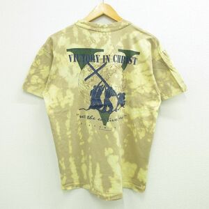 XL/古着 半袖 ビンテージ Tシャツ メンズ 90s VICTORY IN CHRIST コットン クルーネック ベージュ他 カーキ ブリーチ加工 spe 23jul27