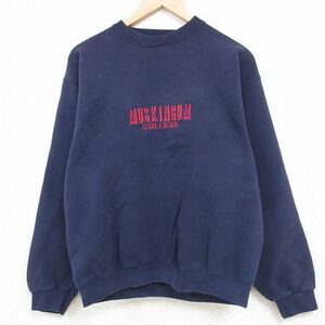 M/古着 長袖 スウェット メンズ 90s マスキンガム大学 刺繍 クルーネック 紺 ネイビー 23nov10 中古 スエット トレーナー トップス