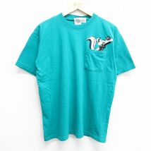 L/古着 半袖 ビンテージ Tシャツ メンズ 90s ルーニーテューンズ ペペルピュー 胸ポケット付き コットン クルーネック 青緑 23jul14 中_画像1