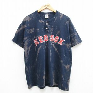 XL/古着 ラッセル 半袖 ビンテージ Tシャツ メンズ 00s MLB ボストンレッドソックス ヘンリーネック 紺他 ネイビー ブリーチ加工 メジ