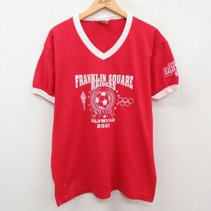 XL/古着 半袖 ビンテージ Tシャツ メンズ 00s FRANKLIN SQUARE RAIDERS サッカー オリンピック Vネック 赤 レッド リンガー 23aug21 中