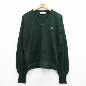 L/古着 ラコステ LACOSTE IZOD 長袖 ブランド セーター メンズ 80s ワンポイントロゴ アクリル Vネック 濃緑 グリーン 23sep26 中古 ニ