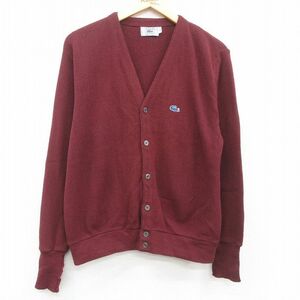 L/古着 ラコステ LACOSTE IZOD 長袖 ブランド ニット カーディガン メンズ 90s ワンポイントロゴ アクリル Vネック エンジ 23oct03 中