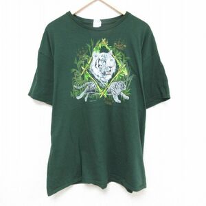 XL/古着 半袖 Tシャツ メンズ トラ 大きいサイズ コットン クルーネック 濃緑 グリーン 23jun16 中古