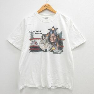 L/古着 半袖 ビンテージ Tシャツ メンズ 00s オオカミ インディアン ラコニア コットン クルーネック 白 ホワイト 23may06 中古