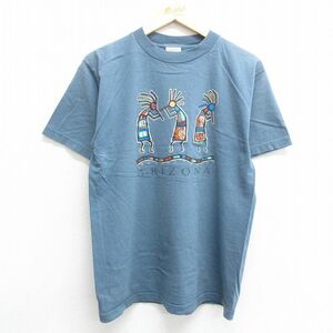 L/古着 半袖 ビンテージ Tシャツ メンズ 90s アリゾナ ココペリ ホピ族 コットン クルーネック 紺 ネイビー 23may17 中古