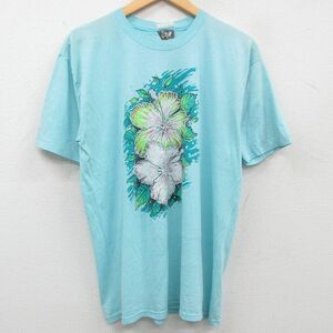 L/古着 半袖 ビンテージ Tシャツ メンズ 80s ハイビスカス クルーネック 薄紺 ネイビー 霜降り 23may15 中古