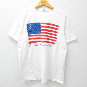 XL/古着 ヘインズ 半袖 ビンテージ Tシャツ メンズ 90s 星条旗 コットン クルーネック 白 ホワイト 23may23 中古