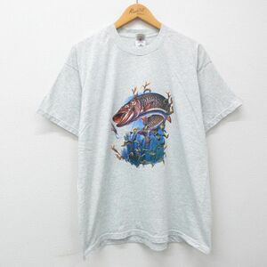 XL/古着 半袖 ビンテージ Tシャツ メンズ 00s 魚 大きいサイズ クルーネック 薄グレー 霜降り 23may10 中古