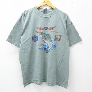 XL/古着 半袖 ビンテージ Tシャツ メンズ 90s 魚 ウォールアイ ラメ 大きいサイズ コットン クルーネック 緑系 グリーン spe 23jun03