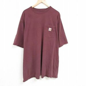 XL/古着 カーハート Carhartt 半袖 ブランド Tシャツ メンズ 胸ポケット付き 大きいサイズ ロング丈 コットン クルーネック エンジ 23m