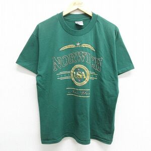 XL/古着 ヘインズ 半袖 ビンテージ Tシャツ メンズ 90s NORWICH USAロゴ ニューヨーク クルーネック 緑 グリーン 23apr27 中古