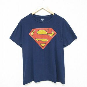 XL/古着 半袖 Tシャツ メンズ DCコミックス スーパーマン コットン クルーネック 紺 ネイビー 23aug28 中古