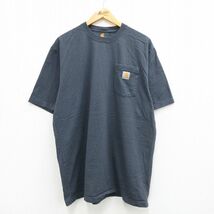 XL/古着 カーハート 半袖 ブランド Tシャツ メンズ ワンポイントロゴ 胸ポケット付き 大きいサイズ ロング丈 クルーネック 濃グレー 23_画像1