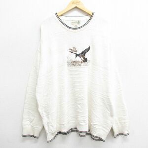 XL/古着 長袖 セーター メンズ 90s 鳥 刺繍 大きいサイズ コットン クルーネック 生成り他 23dec05 中古 ニット トップス