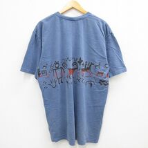 XL/古着 半袖 ビンテージ Tシャツ メンズ 90s ココペリ ホピ族 大きいサイズ ロング丈 コットン クルーネック 薄紺 ネイビー spe 23may_画像2