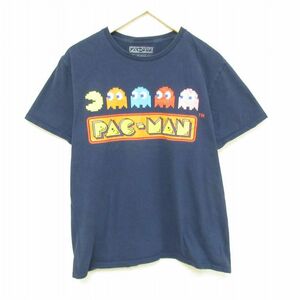 L/古着 半袖 Tシャツ メンズ ゲーム バンダイ ナムコ パックマン コットン クルーネック 紺 ネイビー 23aug31 中古