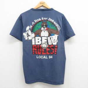 XL/古着 半袖 ビンテージ Tシャツ メンズ 90s 犬 地球 胸ポケット付き コットン クルーネック 紺 ネイビー 23jun07 中古