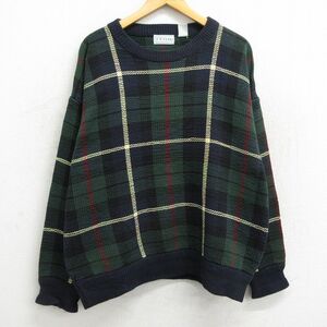 XL/古着 IZOD 長袖 セーター メンズ 90s コットン クルーネック 緑他 グリーン チェック 23nov16 中古 ニット トップス