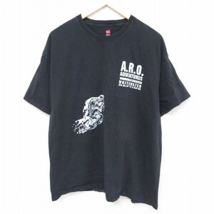 XL/古着 ヘインズ Hanes 半袖 Tシャツ メンズ ARO ラフティング コットン クルーネック 黒 ブラック 23aug19 中古