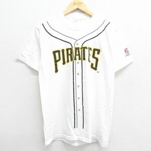 M/古着 半袖 ビンテージ Tシャツ メンズ 90s MLB ピッツバーグパイレーツ ブライアンジャイルズ 24 クルーネック 白 ホワイト メジャー