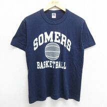 M/古着 ラッセル 半袖 ビンテージ Tシャツ メンズ 80s SOMERS バスケットボール クルーネック 紺 ネイビー 23mar18 中古_画像1