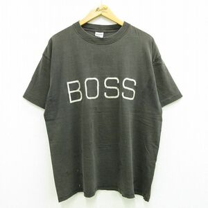 XL/古着 BOSS 半袖 ビンテージ Tシャツ メンズ 90s ビッグロゴ 刺繍 大きいサイズ コットン クルーネック 黒 ブラック spe 23jul19 中