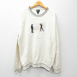 XL/古着 長袖 セーター メンズ 90s ゴルフ 男性 刺繍 大きいサイズ コットン クルーネック 生成り 23dec04 中古 ニット トップス