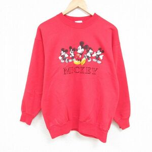 L/古着 長袖 スウェット メンズ 00s ディズニー DISNEY ミッキー MICKEY MOUSE クルーネック 赤 レッド 23dec08 中古 スエット トレー