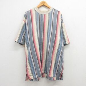 XL/古着 半袖 ビンテージ Tシャツ メンズ 00s 大きいサイズ ロング丈 コットン クルーネック 薄紺他 ネイビー ストライプ 23mar09 中古