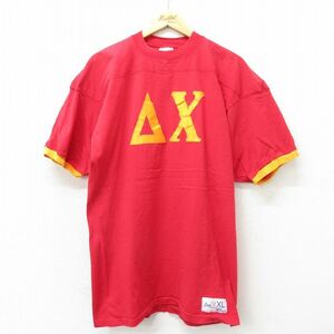 XL/古着 半袖 ビンテージ フットボール Tシャツ メンズ 90s ギリシャ文字 ロング丈 コットン クルーネック 赤 レッド 23jun16 中古