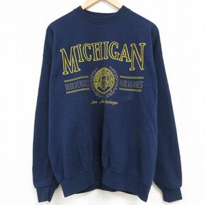 XL/古着 長袖 スウェット メンズ 90s ミシガン カレッジ クルーネック 濃紺 ネイビー 23dec04 中古 スエット トレーナー トップス