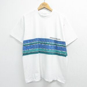 L/古着 ジャンセン 半袖 ビンテージ Tシャツ メンズ 90s ネイティブ柄 ラグ柄 コットン クルーネック 白 ホワイト spe 23sep06 中古