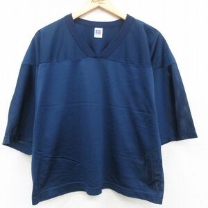 XL/古着 ラッセル 半袖 ビンテージ フットボール Tシャツ メンズ 80s 無地 Vネック メッシュ地 紺 ネイビー 23jun15 中古