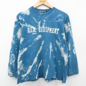 L/古着 長袖 ビンテージ Tシャツ 90s B.U.M. BQUIPMENT クルーネック 青緑 ブリーチ加工 23aug01 中古 メンズ