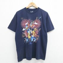 L/古着 半袖 ビンテージ Tシャツ メンズ 00s ディズニー ミッキー グーフィー ドナルド 花火 コットン クルーネック 黒 ブラック 23jul_画像1