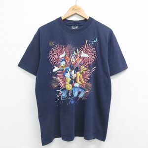 L/古着 半袖 ビンテージ Tシャツ メンズ 00s ディズニー ミッキー グーフィー ドナルド 花火 コットン クルーネック 黒 ブラック 23jul