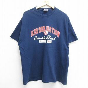 XL/古着 ヘインズ 半袖 ビンテージ Tシャツ メンズ 00s MLB ボストンレッドソックス 赤十字 レッド コットン クルーネック 紺 ネイビー