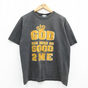 L/古着 半袖 ビンテージ Tシャツ メンズ 00s 王冠 メッセージ コットン クルーネック 濃グレー 23jun24 中古