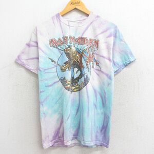 M/古着 半袖 ロック バンド Tシャツ メンズ アイアンメイデン コットン クルーネック 薄紺他 ネイビー タイダイ spe 23mar18 中古