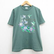 L/古着 半袖 ビンテージ Tシャツ メンズ 90s 花 鳥 コットン クルーネック 緑系 グリーン 23aug21 中古_画像1